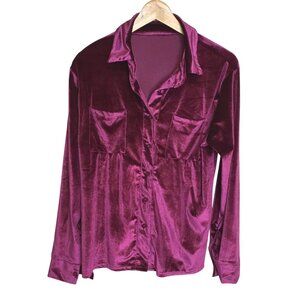 Purple Velvet Feel Button Down Shirt L Soft Drape Luxe Blouse Y2K Revival Look